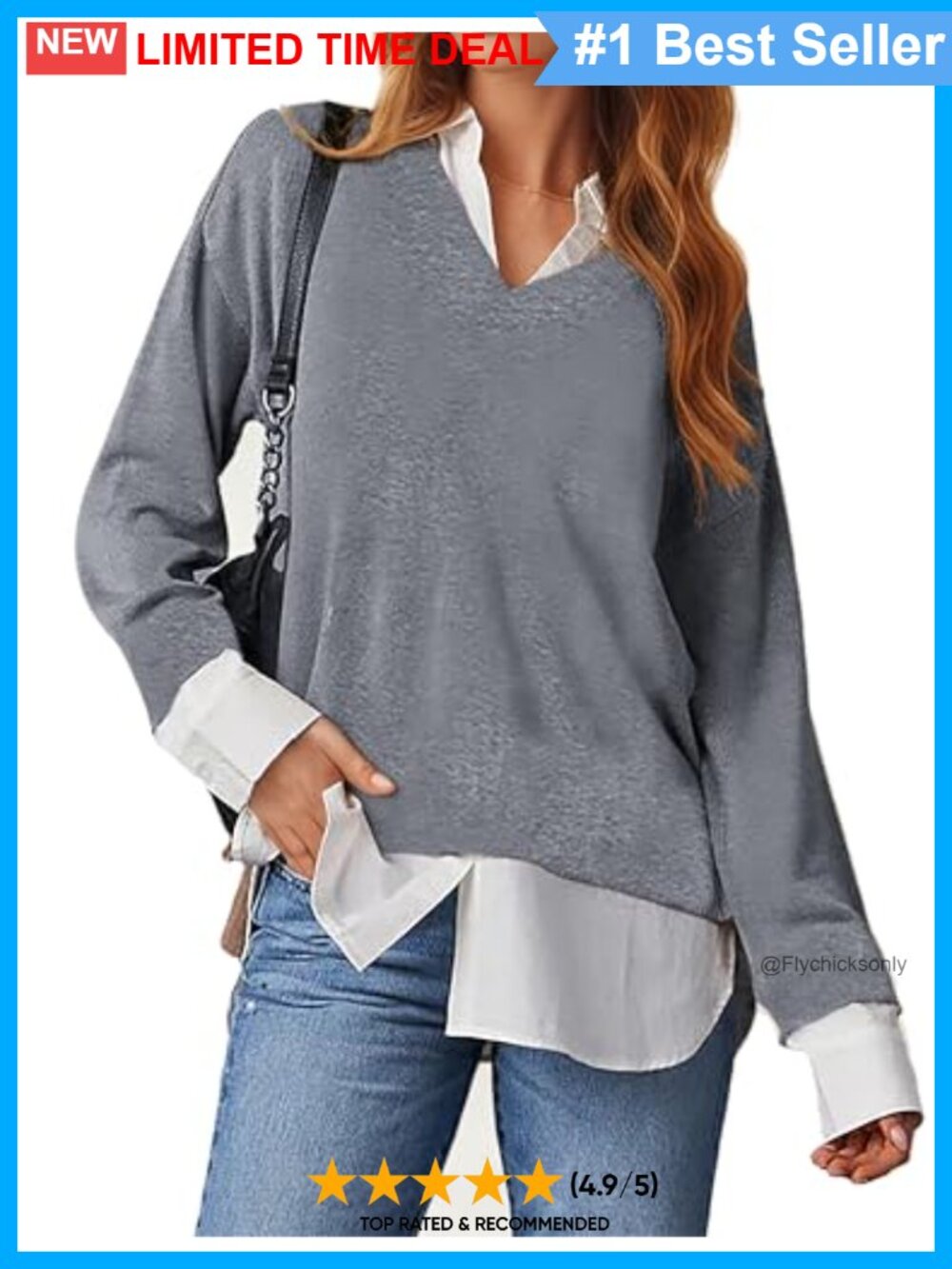 Women's Collared 2-in-1 Pullover Tunic Top Cotton Blend Fitted Blouse
